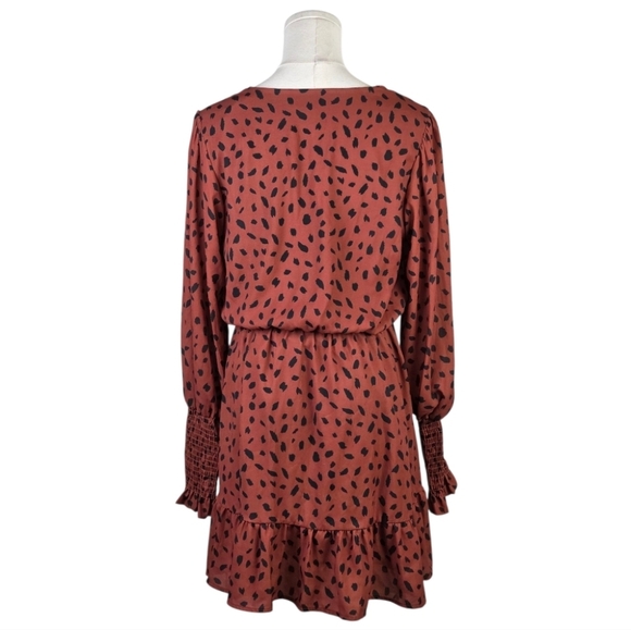 Peach Love CA Rust Animal Print Ruffle Mini Dress Long Sleeve Size M USA - Picture 4 of 7